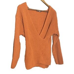 Boohoo burnt‎ orange Wrap Knitted Sweater 14 fall open knit festival pumpkin